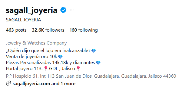 Perfil de Instagram de Sagall Joyería